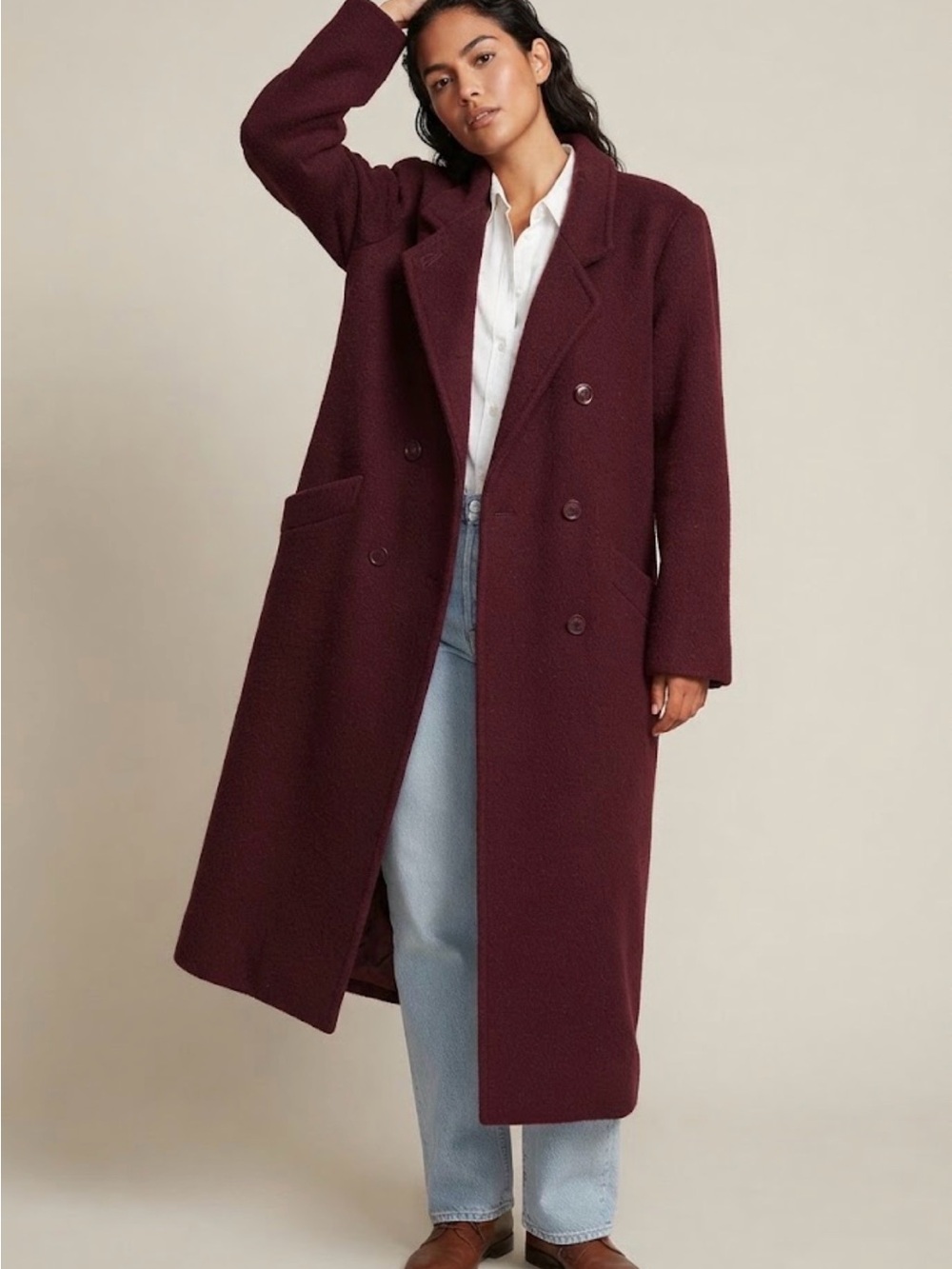 Vintage Long Double-Breasted Wool Coat in Burgundy